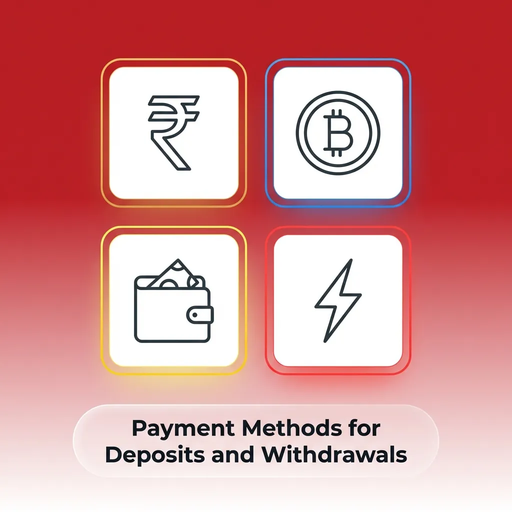 Logos of casino payment methods like PayTM, UPI, Visa, and crypto for deposits and withdrawals.